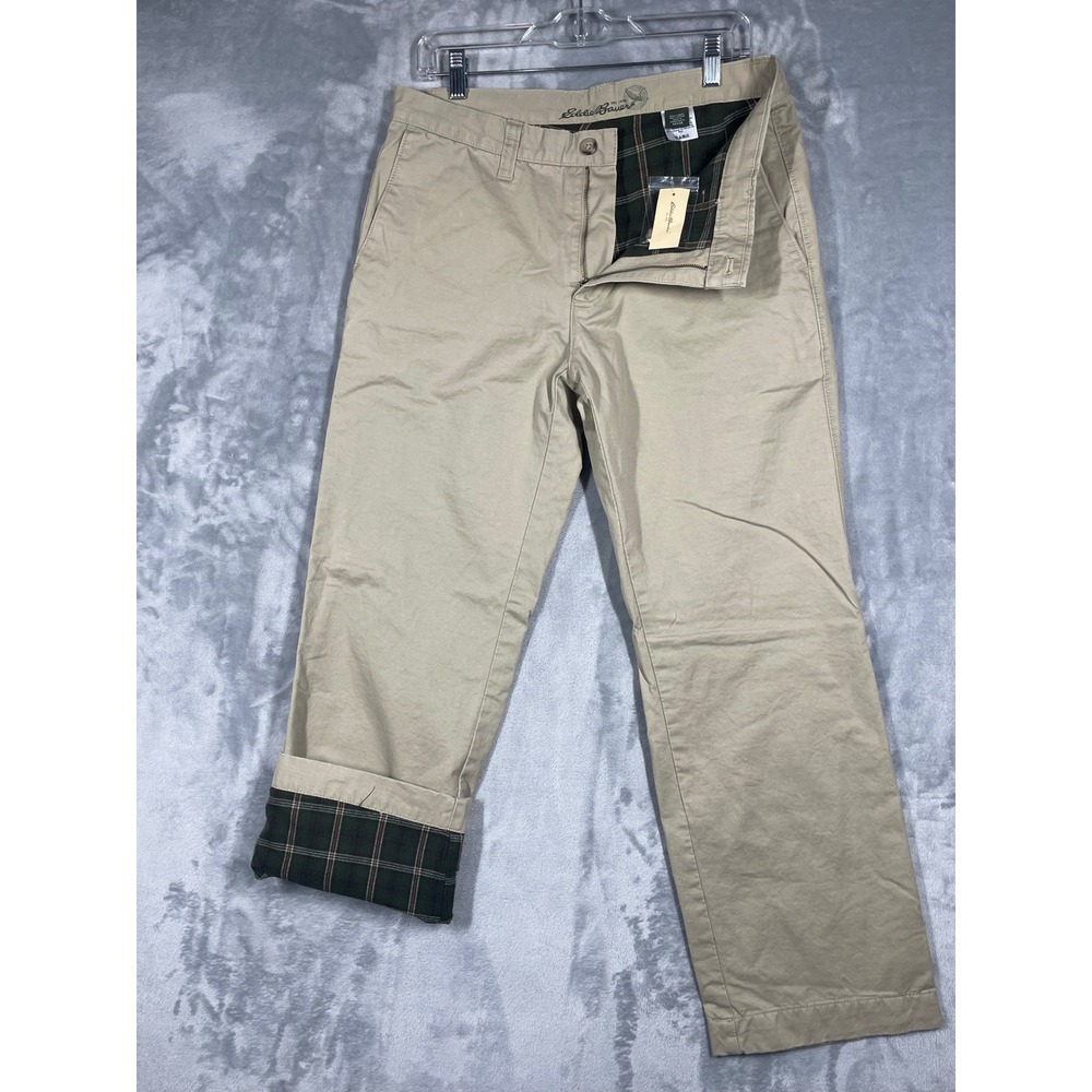 Eddie Bauer Mens Flannel Lined Chino Pants Dark Khaki Plaid Lining 32x30 NEW
